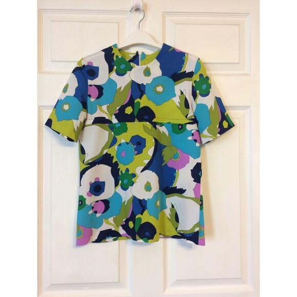 60s Mod Print Top Blue Green Short Sleeve Vintage S - Picture 3 of 4